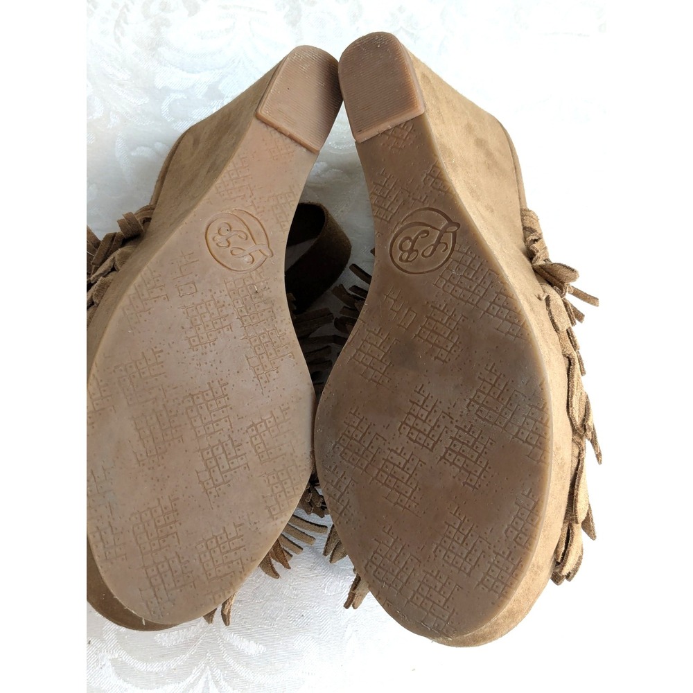 Lucky Brand Tan Suede Wedge Fringe Slingback Boho Festival Platform Shoes 7M - Picture 7 of 9